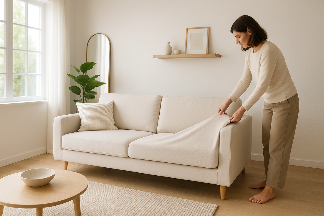 Woman caring for a beige sofa in a bright, modern British living room by smoothing the slipcover and adjusting cushions, with natural light, neutral tones, and soft furnishings enhancing the fresh, well-kept appearance.