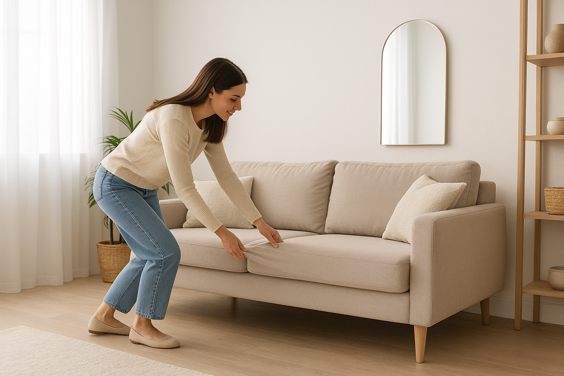 Woman adjusting a beige sofa cover in a bright, minimalist UK living room with natural light, neutral decor, a round mirror, and wood-accented furnishings.