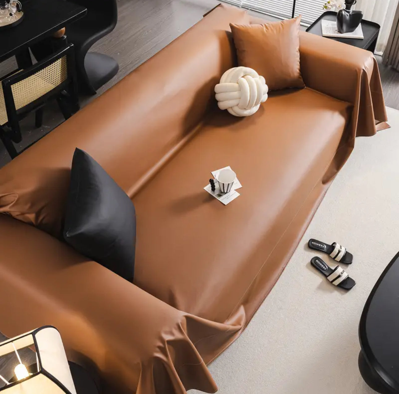 Premium faux leather couch cover in black finish