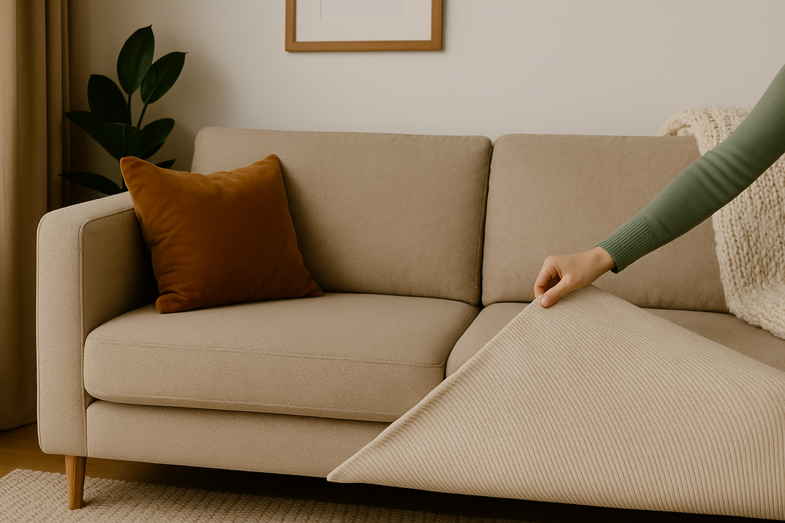 Seasonal sofa cover ideas for UK homes – velvet winter sofa cover and light linen summer sofa cover from SofaDecor.uk.