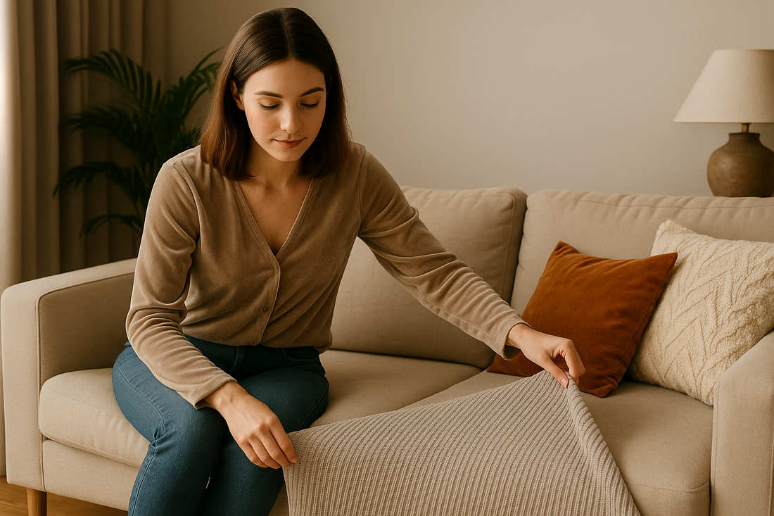 A young woman in a cream cardigan adjusting a beige velvet sofa cover in a warm, modern British living room with neutral tones, soft lighting, and minimalist décor.