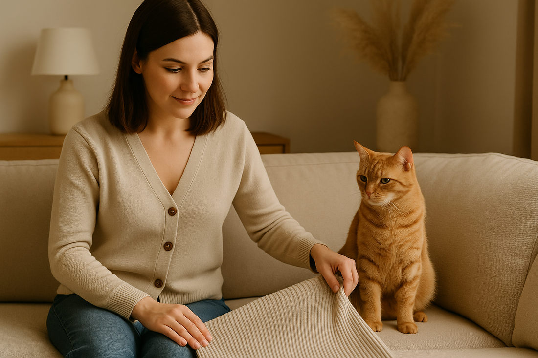A young woman adjusting a beige textured sofa cover while her ginger cat sits beside her on a modern sofa in a cosy, minimalist UK living room with warm natural lighting and earthy tones.