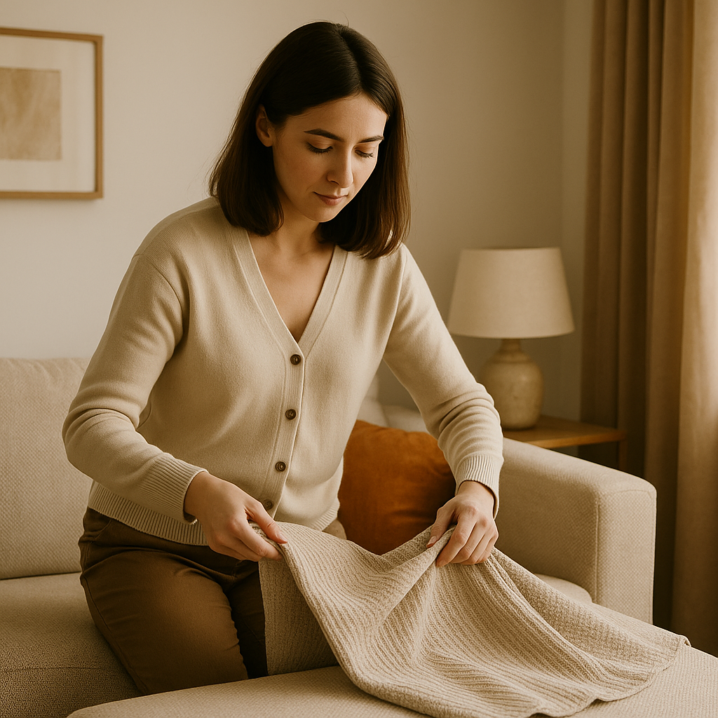 A woman in a cream cardigan folding a freshly washed beige sofa cover in a softly lit UK living room with warm neutral tones, a clean sofa, and minimalist décor.