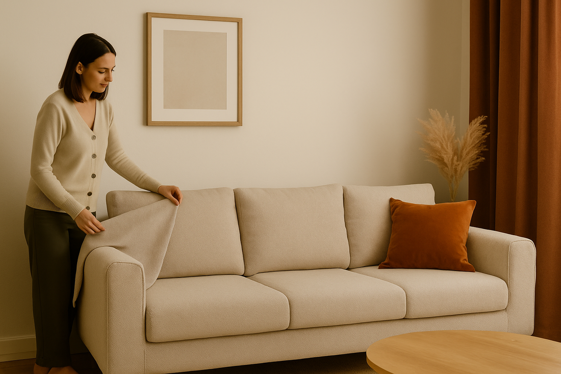 A modern British living room with matching sofa covers, beige walls, and rust-toned curtains, styled with minimalist furniture and warm natural light.
