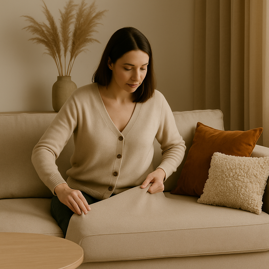 A cosy UK living room with a beige sofa, textured cushions, and soft lighting, styled with earthy tones and minimalist home décor.