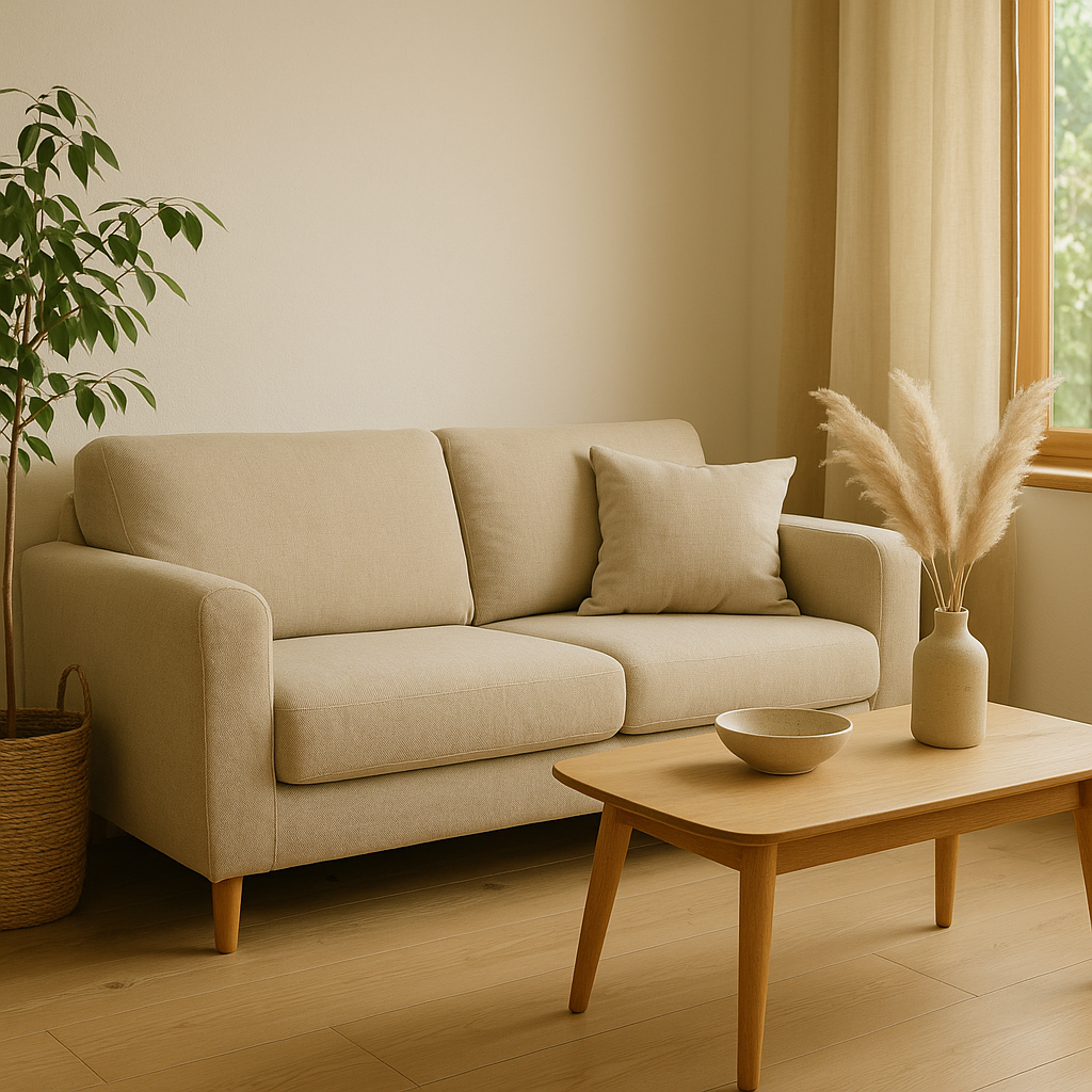A woman in a neutral cardigan fitting a cotton sofa cover in a bright British living room decorated with pampas grass and eco-friendly furniture accents.