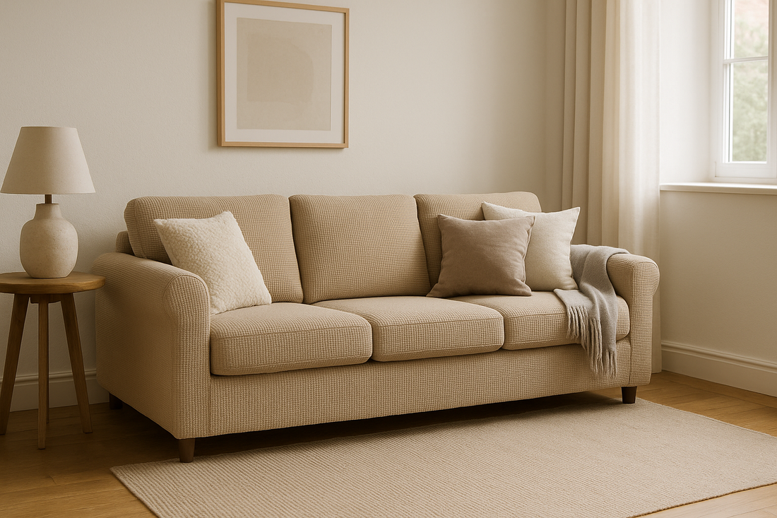 A modern British living room with a fitted beige sofa cover, decorated with cushions and soft lighting, showing a clean and stylish look.
