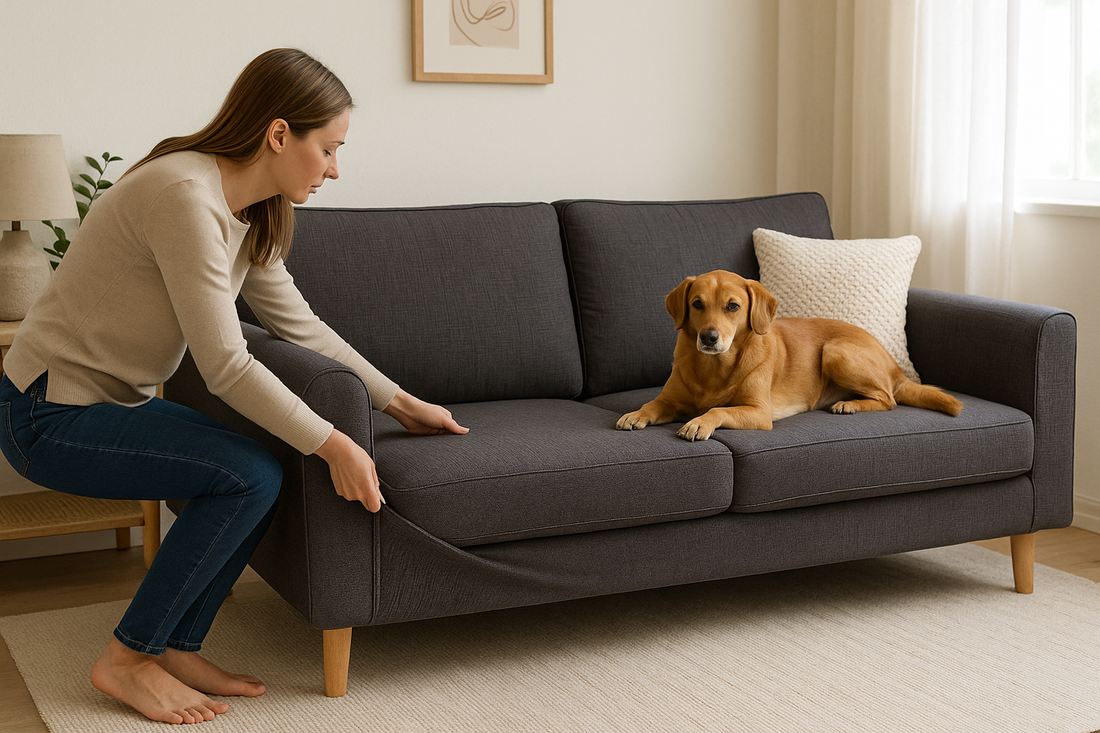 A British living room with a fitted non-slip sofa cover, showing a woman relaxing with her pet dog on a neatly dressed sofa.