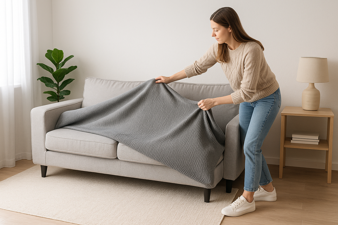 A woman in a modern UK home gently placing washed sofa covers onto a clean sofa in a bright, minimalist living room.