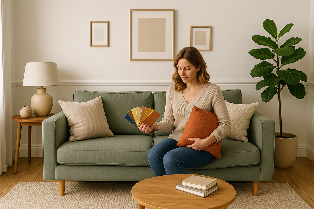 Modern British living room with a colourful sofa cover and décor accents — Sofa Decor UK.