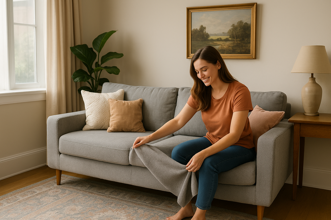 Young woman in a modern UK rental flat styling a sofa cover — Sofa Decor UK.