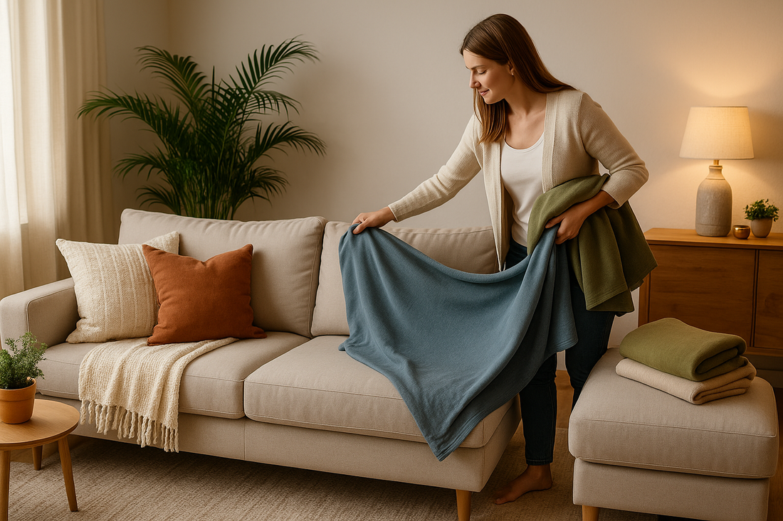 Modern British living room styled with seasonal sofa covers in warm and cool tones — Sofa Decor UK.