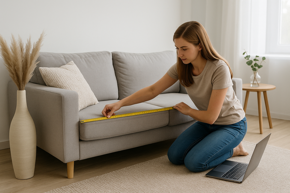 Woman measuring a sofa while shopping online for covers in a modern British living room — Sofa Decor UK.