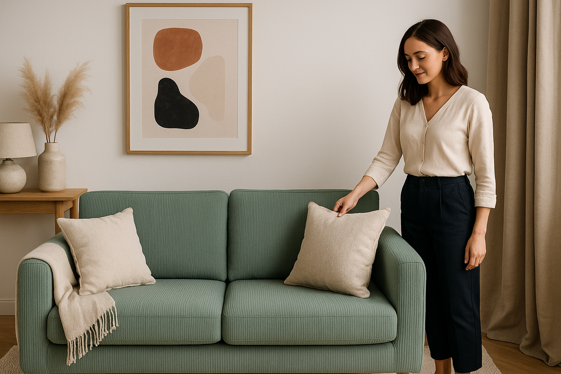 Woman adjusting a sage green ribbed sofa cover in a modern British living room with minimalist decor, neutral walls, abstract artwork, and natural wood accents.