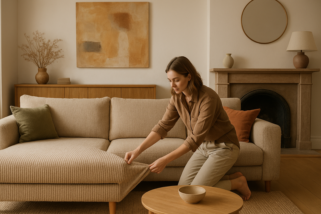 Woman adjusting a ribbed beige sofa cover in a warm, modern British living room styled with earthy tones, abstract wall art, terracotta and olive cushions, and soft natural lighting.
