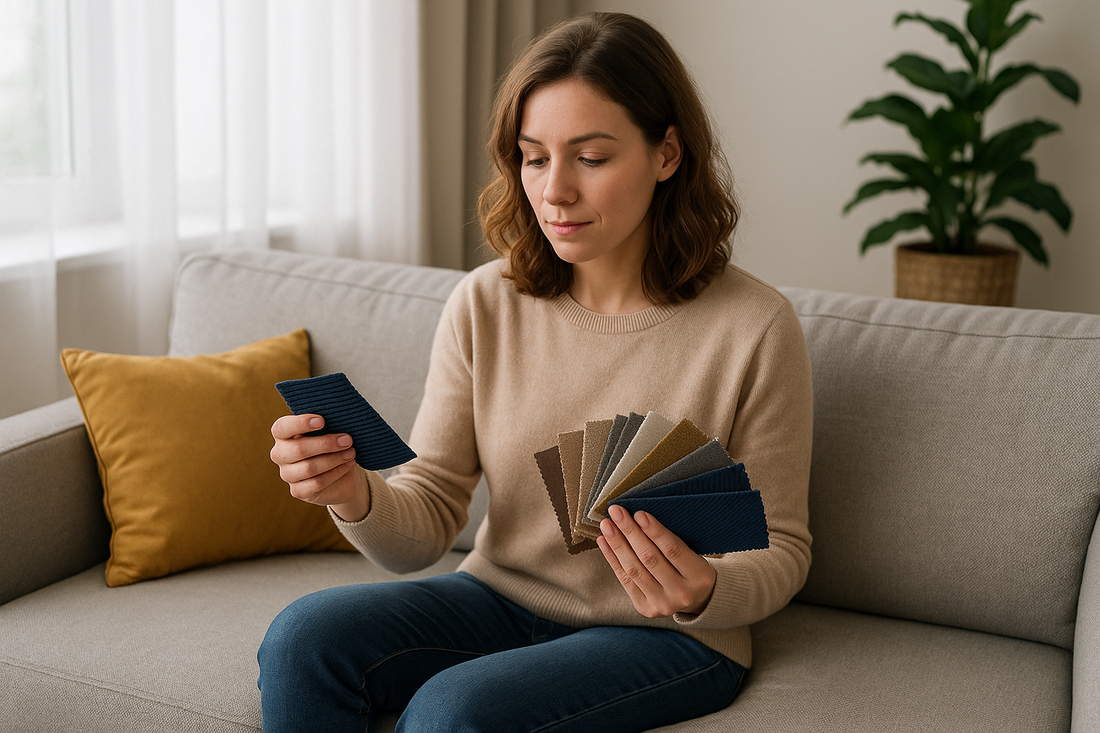 Woman sitting on a modern grey sofa in a bright UK living room, thoughtfully examining a selection of fabric swatches in various colours and textures, with natural light filtering through sheer curtains and soft, neutral-toned decor in the background.