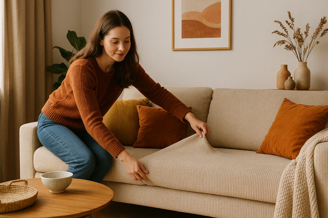 Woman adjusting a textured beige sofa cover in a cosy British living room styled for autumn, with earth-toned cushions, a woven throw, and natural decor accents.