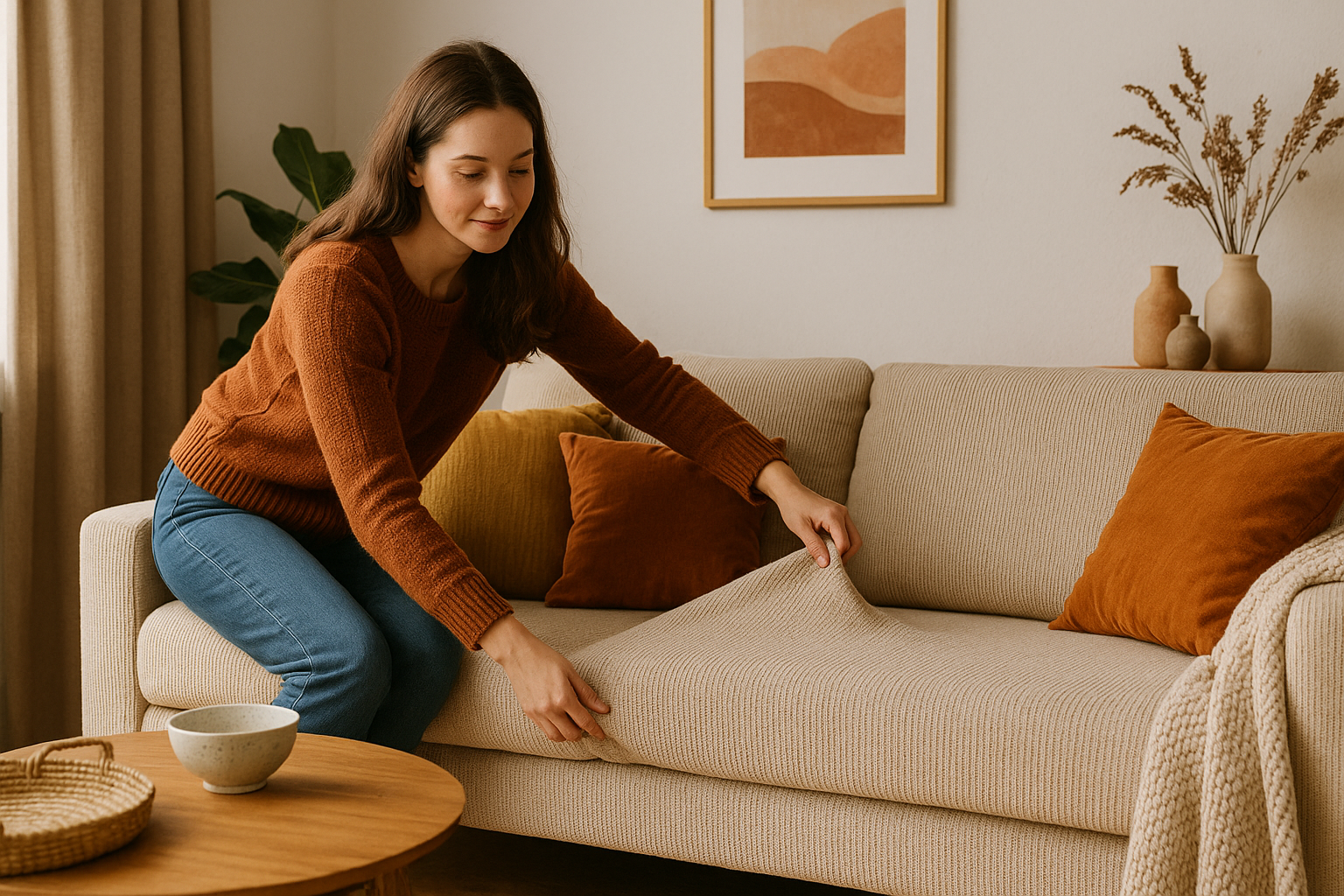 Woman adjusting a textured beige sofa cover in a cosy British living room styled for autumn, with earth-toned cushions, a woven throw, and natural decor accents.