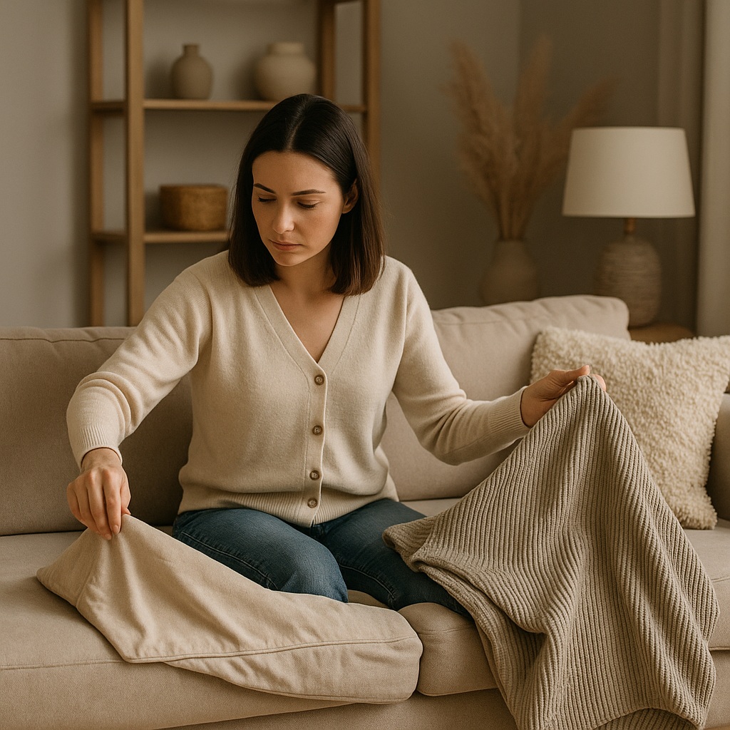 Woman in a modern UK living room examining a worn-out beige sofa cover before replacing it with a fresh, textured alternative — surrounded by cosy, neutral decor.