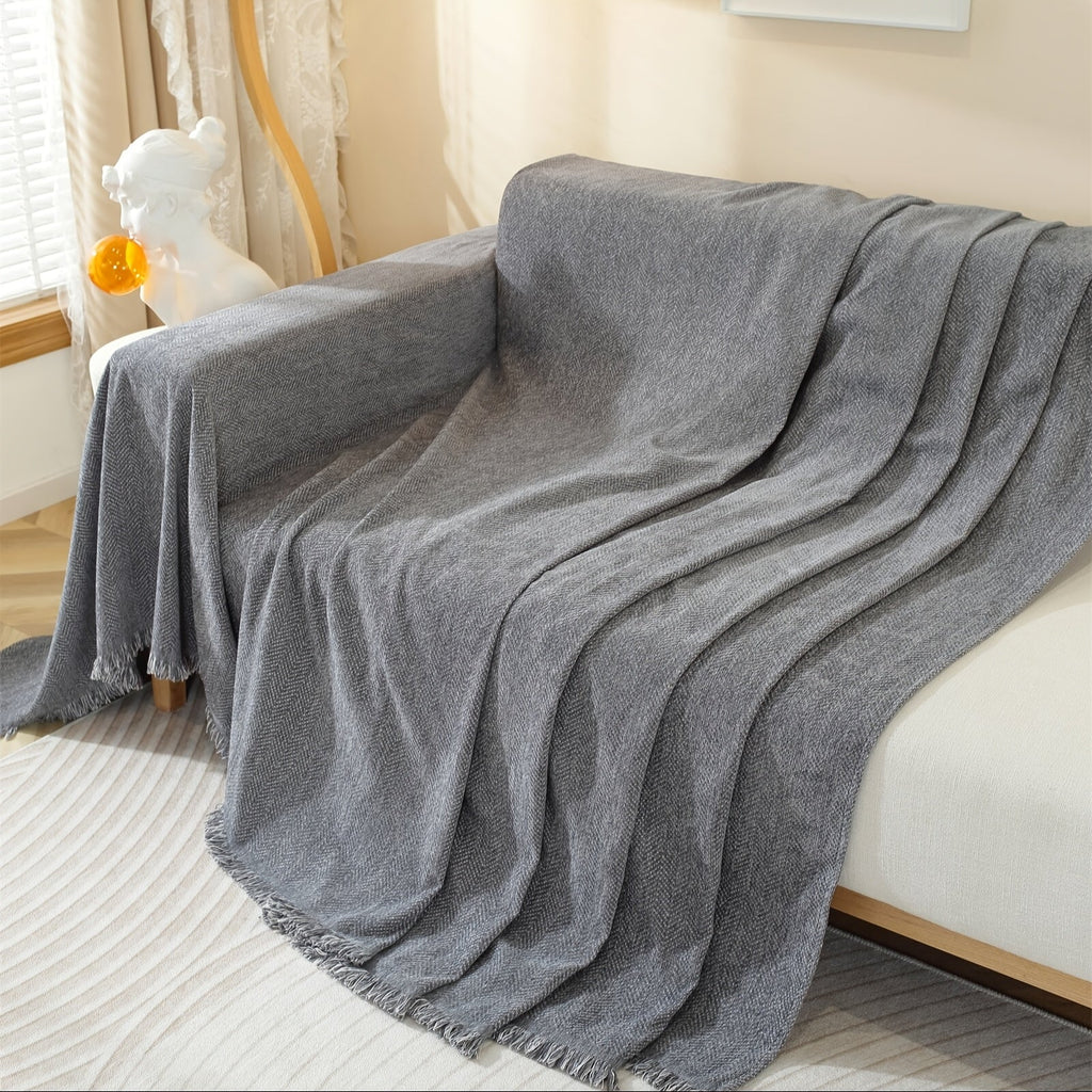 Sofa Decor Slate Chenille Tassel Sofa Cover lifestyle product image for weather resistant sofa cover in the UK - Pet-Friendly