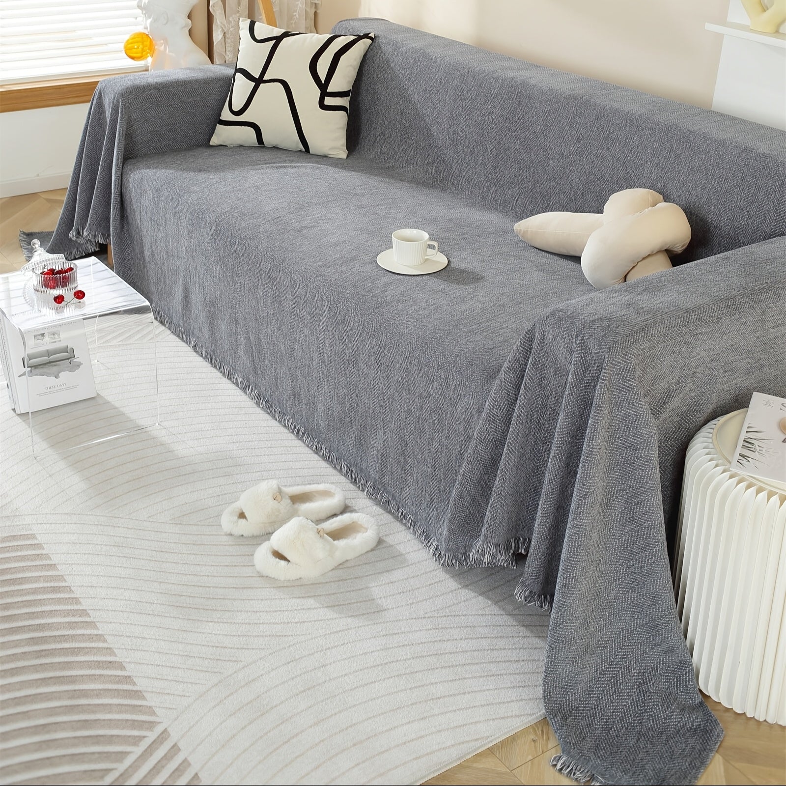Sofa Decor Slate Chenille Tassel Sofa Cover lifestyle product image for weather resistant sofa cover in the UK