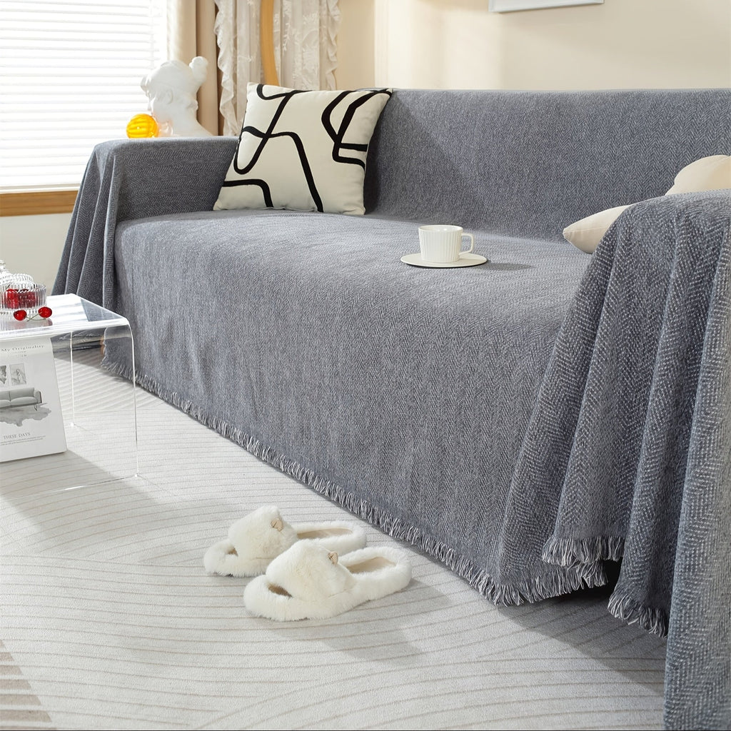 Sofa Decor Slate Chenille Tassel Sofa Cover detail product image for weather resistant sofa cover in the UK - Pet-Friendly