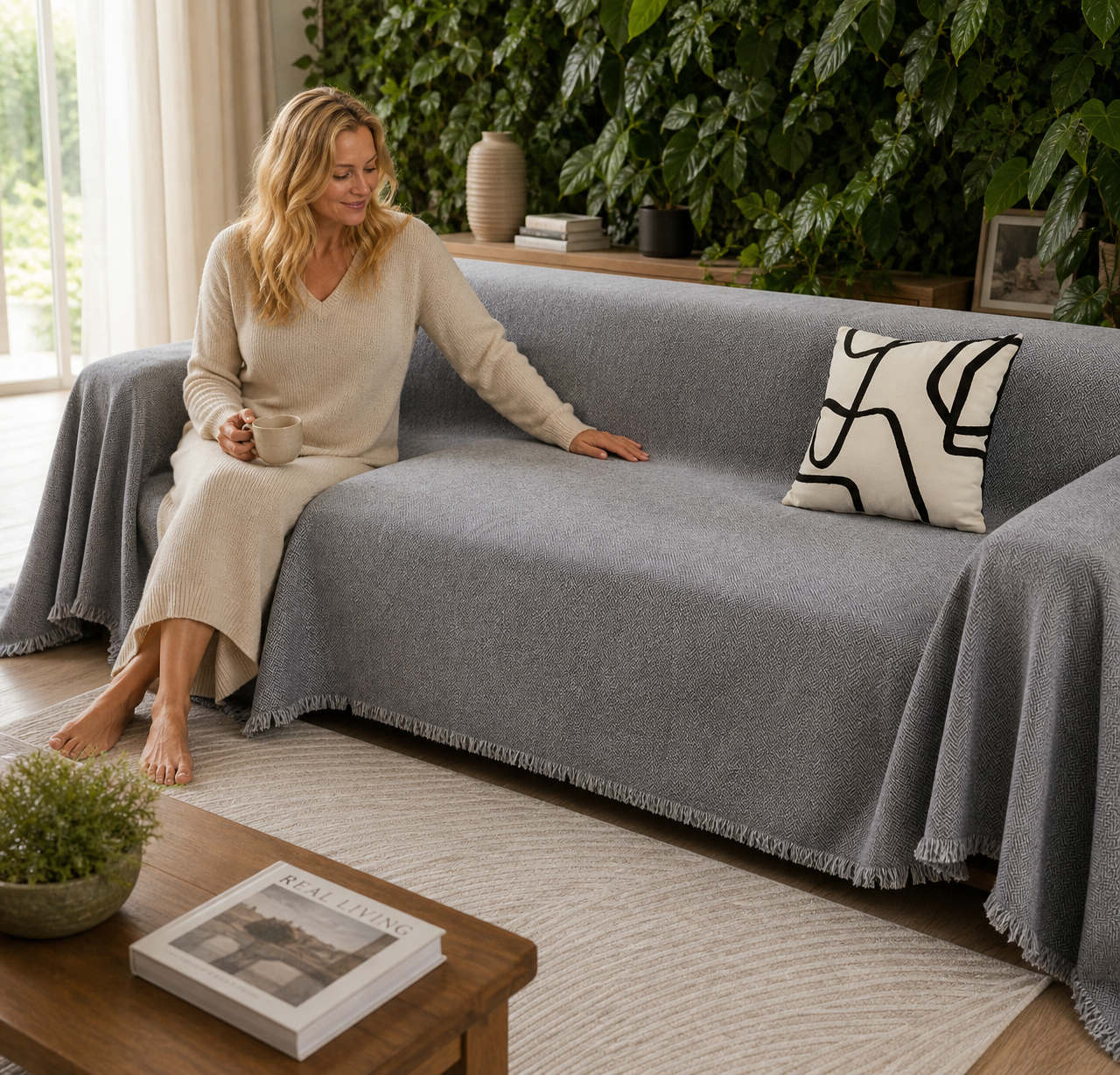 Sofa Decor Slate Chenille Tassel Sofa Cover featured product image for weather resistant sofa cover in the UK - 1-2 Seater (180x270cm)