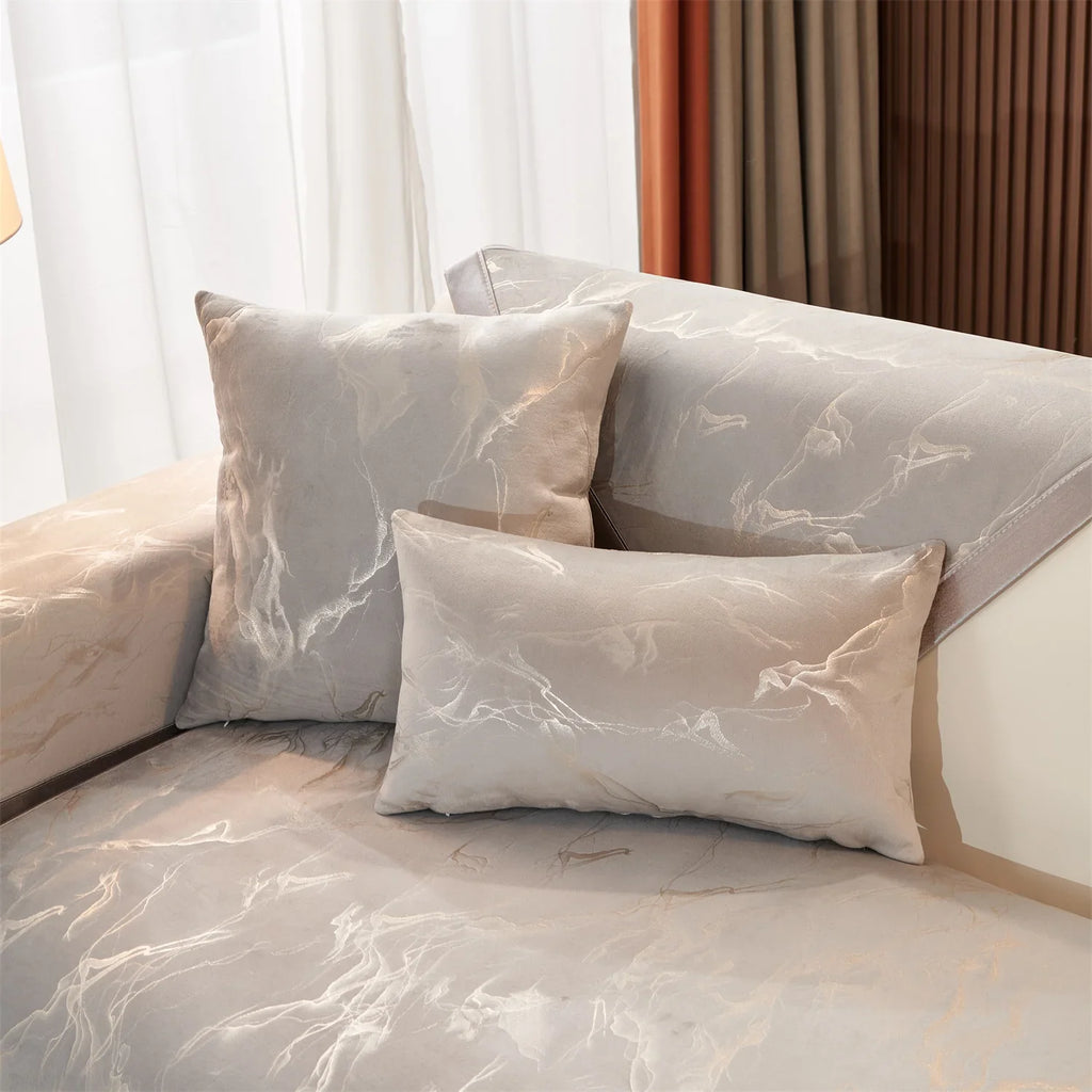 Sofa Decor Noira Marble Velvet Sofa Cover lifestyle product image for stretch sofa cover in the UK - Light Grey / 70X120cm