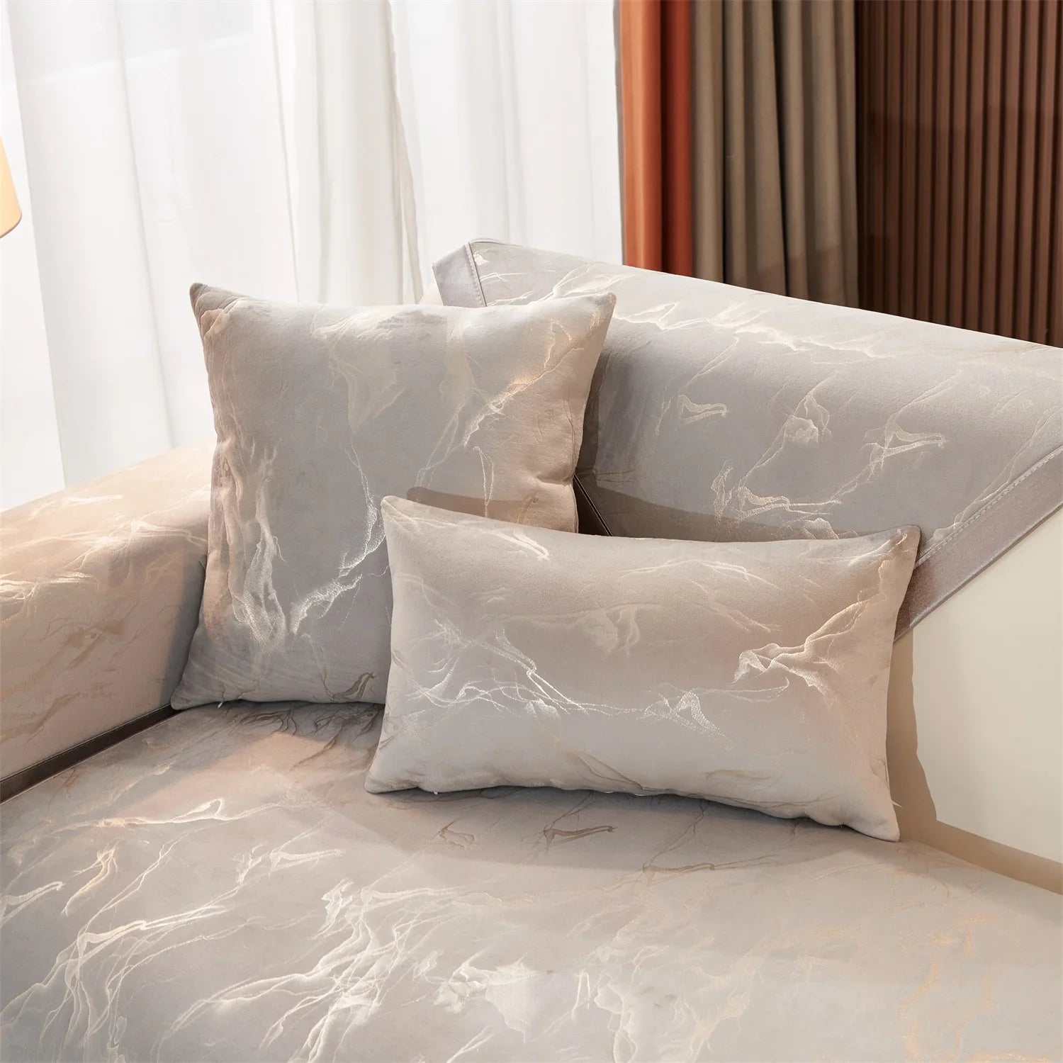 Sofa Decor Noira Marble Velvet Sofa Cover lifestyle product image for stretch sofa cover in the UK - Light Grey / 70X120cm