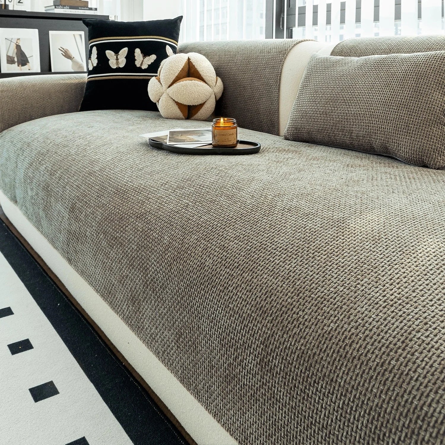 Sofa Decor Oslo Minimal Jacquard Sofa Cover detail product image for jacquard sofa cover in the UK - Khaki / 90x160cm