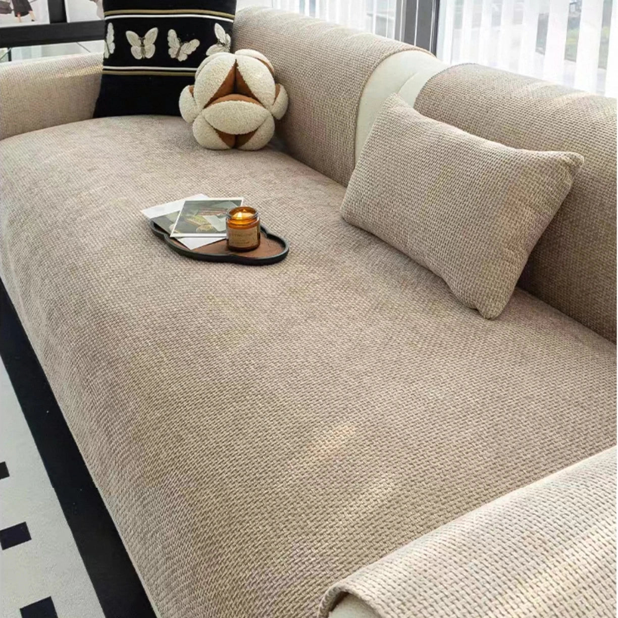 Sofa Decor Oslo Minimal Jacquard Sofa Cover lifestyle product image for jacquard sofa cover in the UK - Grey / 90*240cm