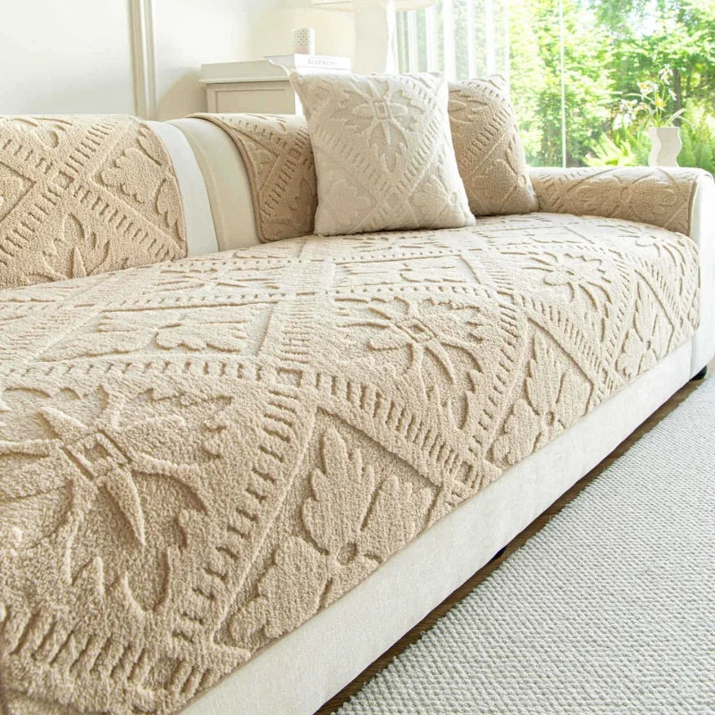 Sofa Decor Provence Plush Winter Sofa Seat Pad lifestyle product image for soft plush sofa cushion cover in the UK - A4 Coffee / M 90x240cm 1pc