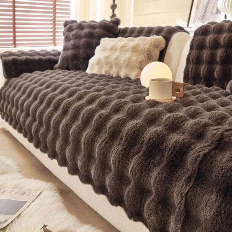Sofa Decor Aurelia Faux Fur Cushion Cover lifestyle product image for pet friendly sofa cushion cover in the UK - Cream / 90x280cm