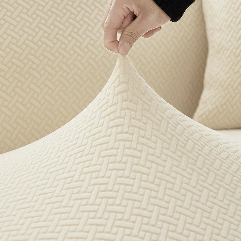 Sofa Decor Verona Geometric Stretch Sofa Cover lifestyle product image for jacquard sofa cover in the UK - Khaki3 / 3 Seater 185-230cm