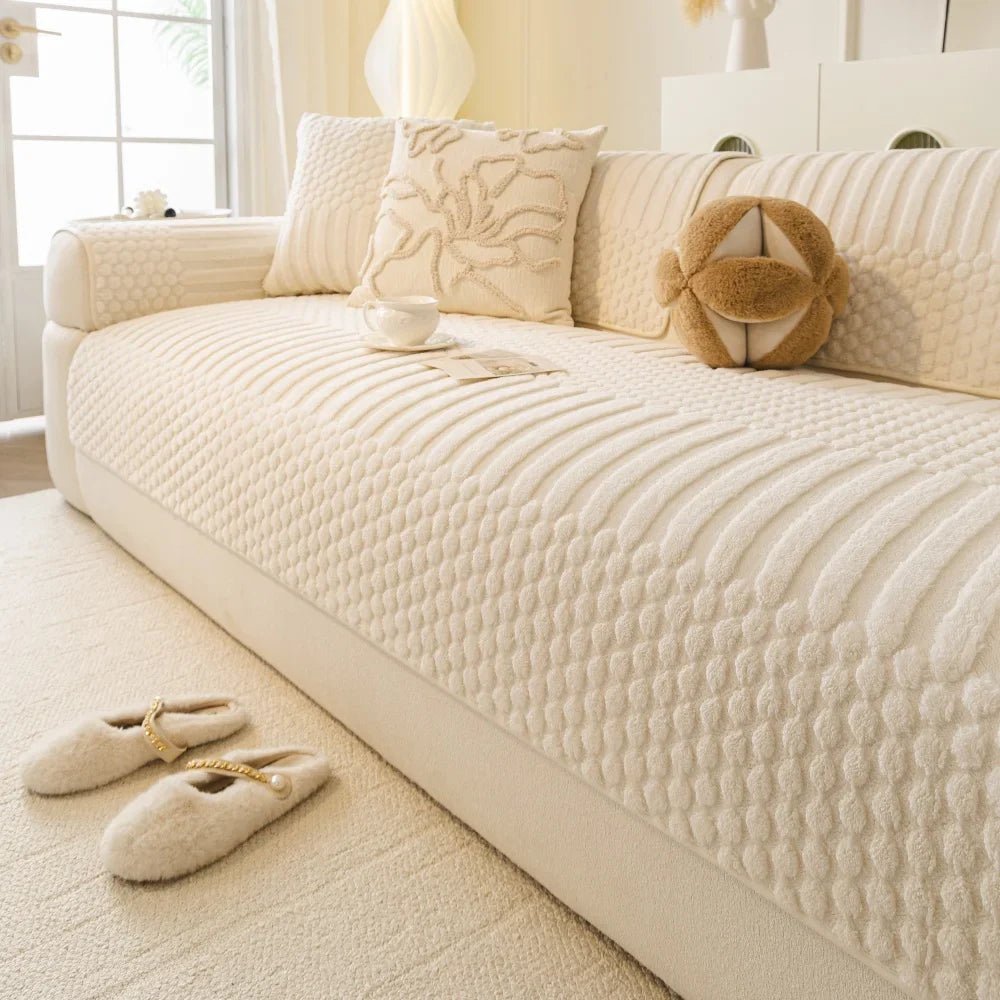 Sofa Decor Kora Geometric Fleece Sofa Cover plush sofa cover in the UK - lifestyle fit detail 4