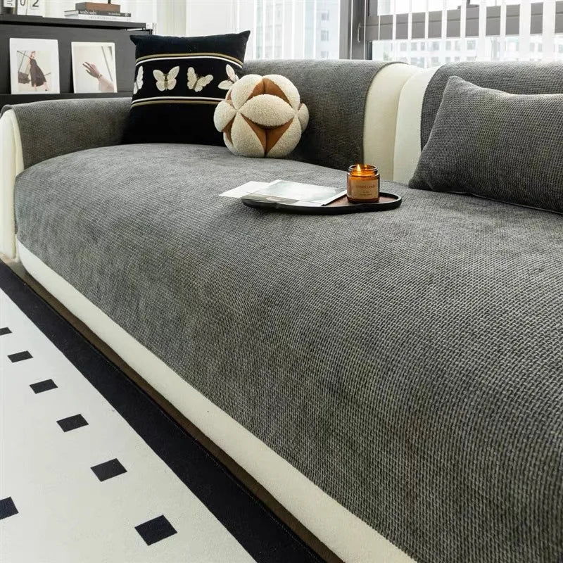 Sofa Decor Oslo Minimal Jacquard Sofa Cover lifestyle product image for jacquard sofa cover in the UK - Dark Grey / 90*240cm