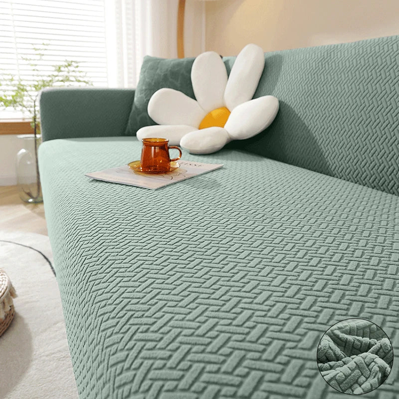 Sofa Decor Verona Geometric Stretch Sofa Cover lifestyle product image for jacquard sofa cover in the UK - Lake Blue / 4 Seater 230-300cm