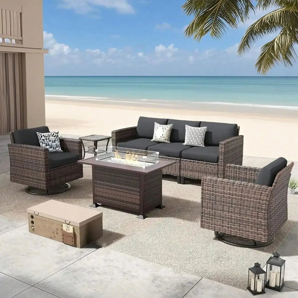 Sofa Decor Palm Cove Tropical Outdoor Cushion Covers lifestyle product image for weather resistant sofa cushion cover in the UK - dark grey / PLUS L
