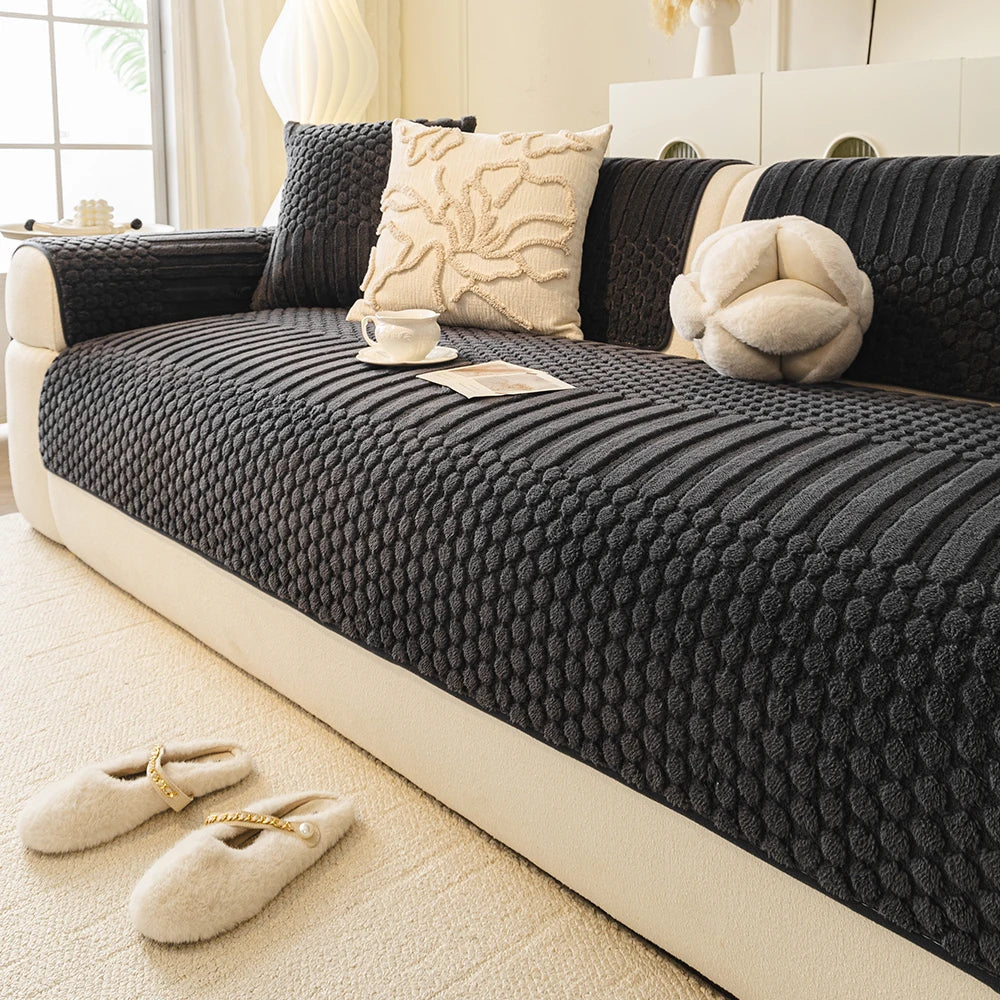 Sofa Decor Kora Geometric Fleece Sofa Cover lifestyle product image for stretch sofa cover in the UK - Cream / 90*210cm