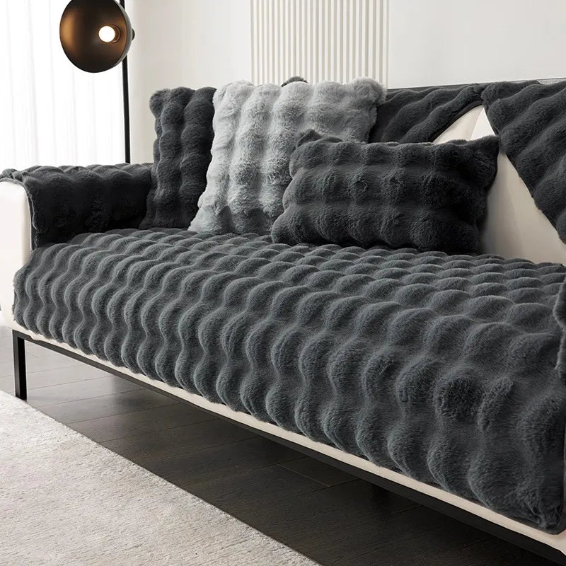 Sofa Decor Aurelia Faux Fur Cushion Cover lifestyle product image for pet friendly sofa cushion cover in the UK - Cream / 90x210cm