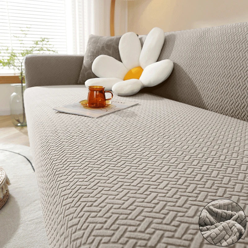 Sofa Decor Verona Geometric Stretch Sofa Cover lifestyle product image for jacquard sofa cover in the UK - Grey / 3 Seater 185-230cm
