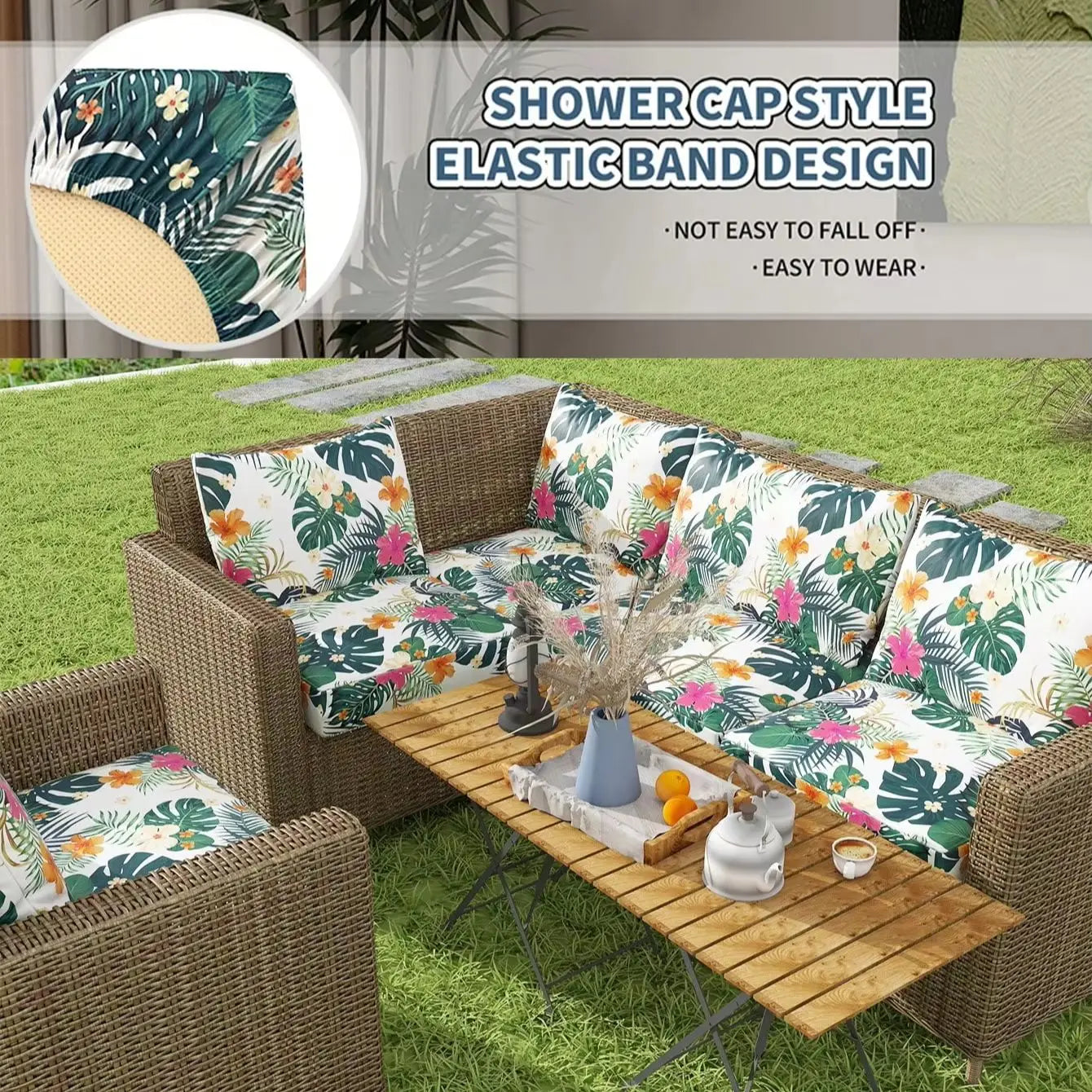 Sofa Decor Hibiscus Tropical Sofa Cushion Covers lifestyle product image for weather resistant sofa cushion cover in the UK - COLOR1 / PLUS S