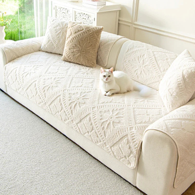 Sofa Decor Provence Plush Winter Sofa Seat Pad lifestyle product image for soft plush sofa cushion cover in the UK - A1 Beige / 1pc 30x50 pillowcase