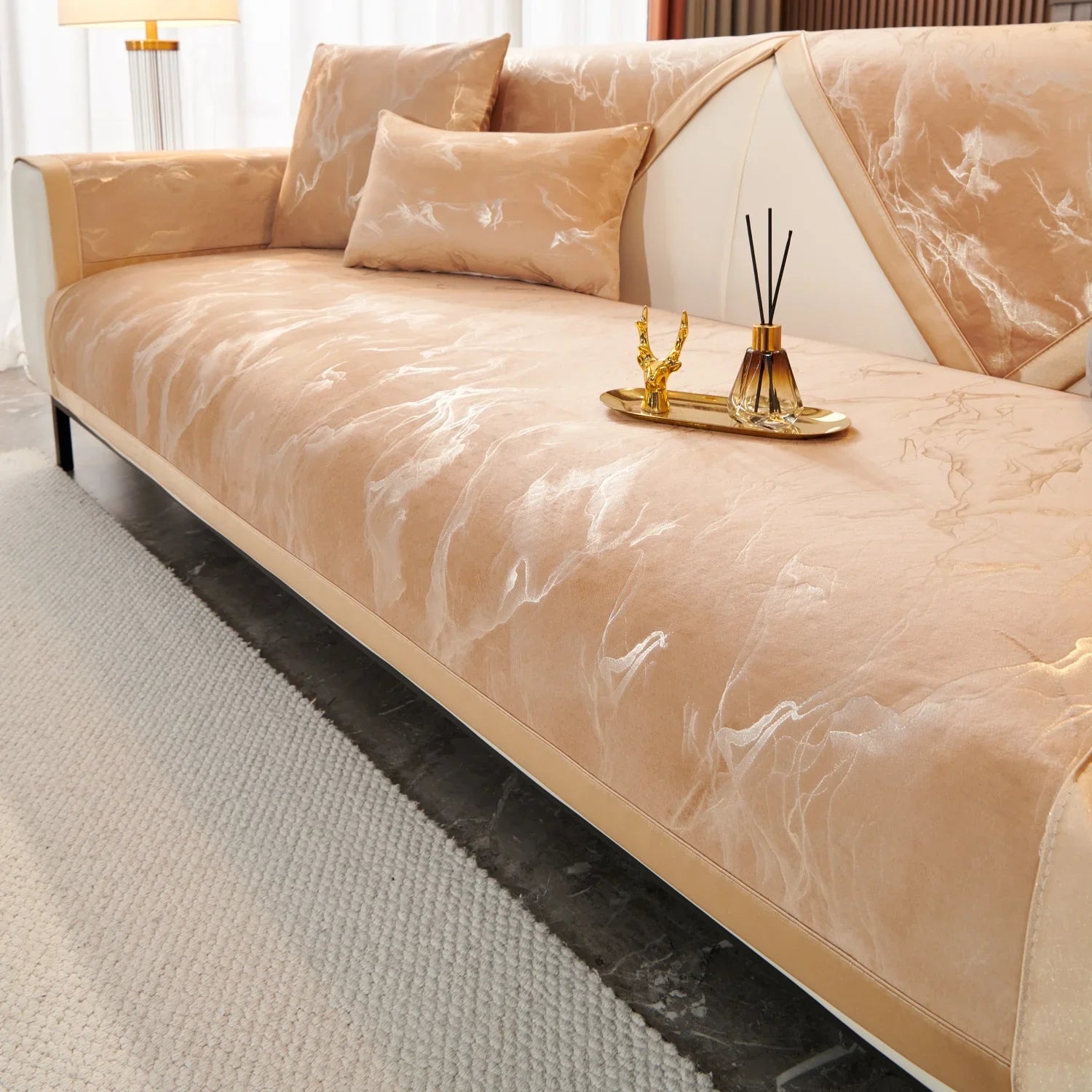 Sofa Decor Noira Marble Velvet Sofa Cover lifestyle product image for stretch sofa cover in the UK - Light Grey / 90X90cm