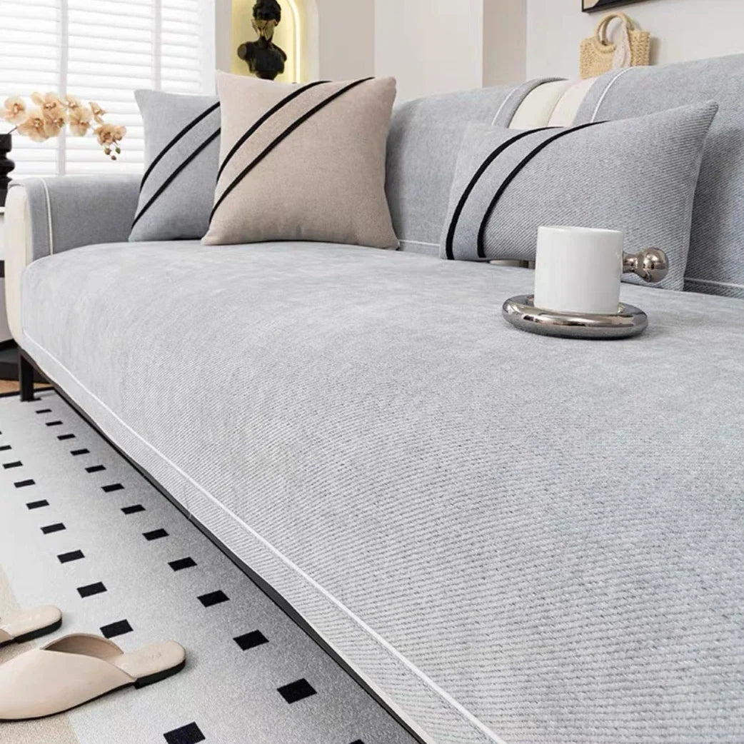 Sofa Decor Geneva Heavy Chenille Sofa Protector lifestyle product image for chenille sofa throw cover in the UK - Dark Grey / 90X90cm