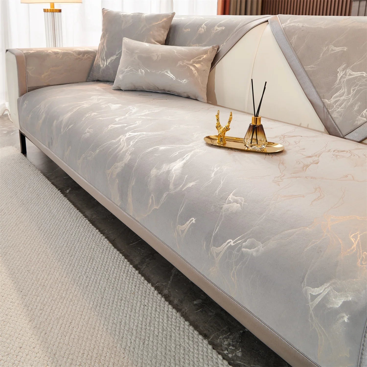 Sofa Decor Noira Marble Velvet Sofa Cover lifestyle product image for stretch sofa cover in the UK - Light Green / 70X240cm