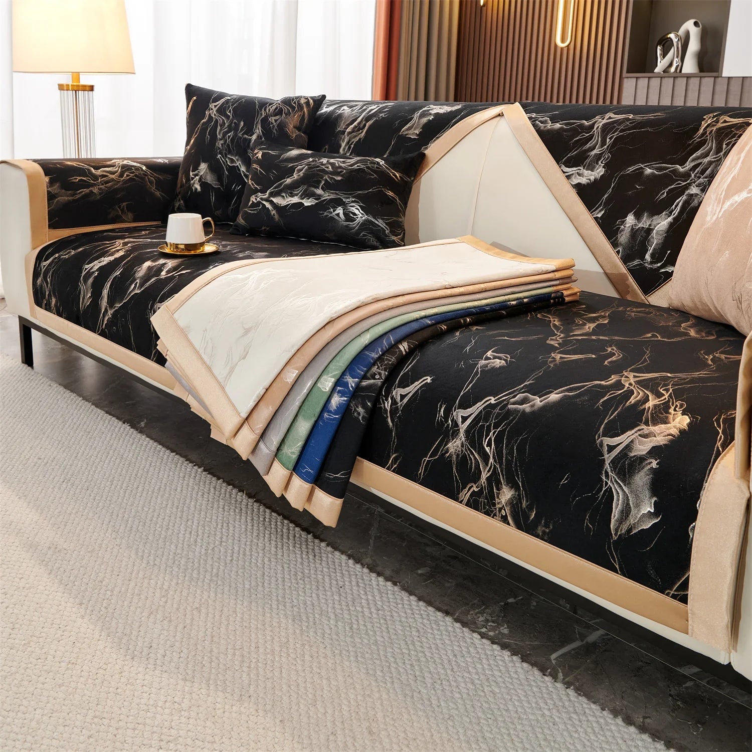 Sofa Decor Noira Marble Velvet Sofa Cover lifestyle product image for stretch sofa cover in the UK - Light Grey / 70X150cm