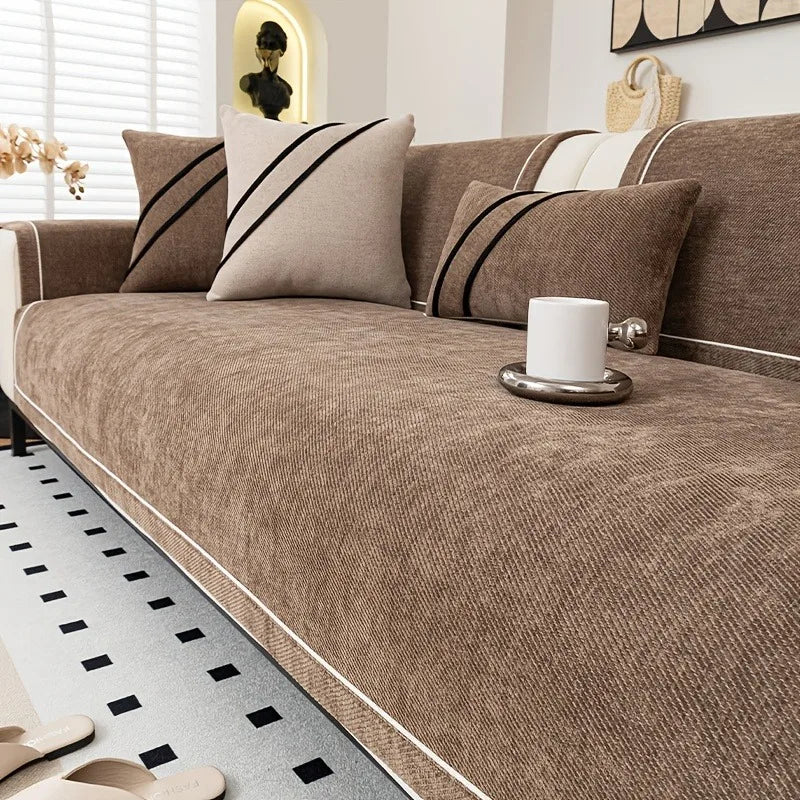 Sofa Decor Geneva Heavy Chenille Sofa Protector lifestyle product image for chenille sofa throw cover in the UK - Brown / 70X180cm