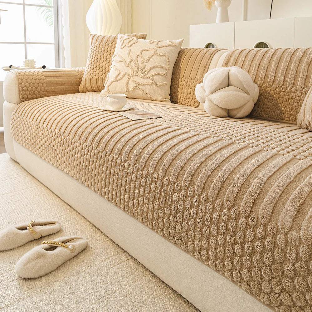 Sofa Decor Kora Geometric Fleece Sofa Cover lifestyle product image for stretch sofa cover in the UK - Cream / 70*120cm