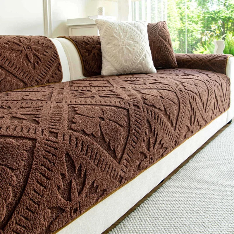 Sofa Decor Provence Plush Winter Sofa Seat Pad lifestyle product image for soft plush sofa cushion cover in the UK - A4 Coffee / H 90x90cm 1pc